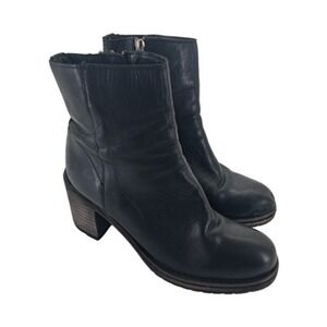 Frye Leather Ankle Boots Womens Size 6.5 Black Side Zip Block Heel Bootie Casual